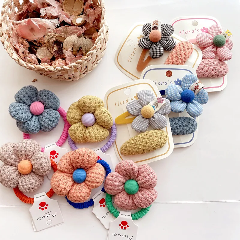 

New Korean Fresh Pastoral Style Sweet Cute Hair Band Flower Knitting Plaid BB Clip for Girl Fashion Children's Hair Accessories