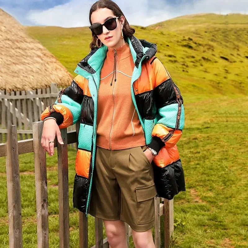 Winter Fashion Goose Down Jackets Women 2022 New Long Hooded Candy Color Mosaic Tide Loose Thick Warm Temperament Coats Female