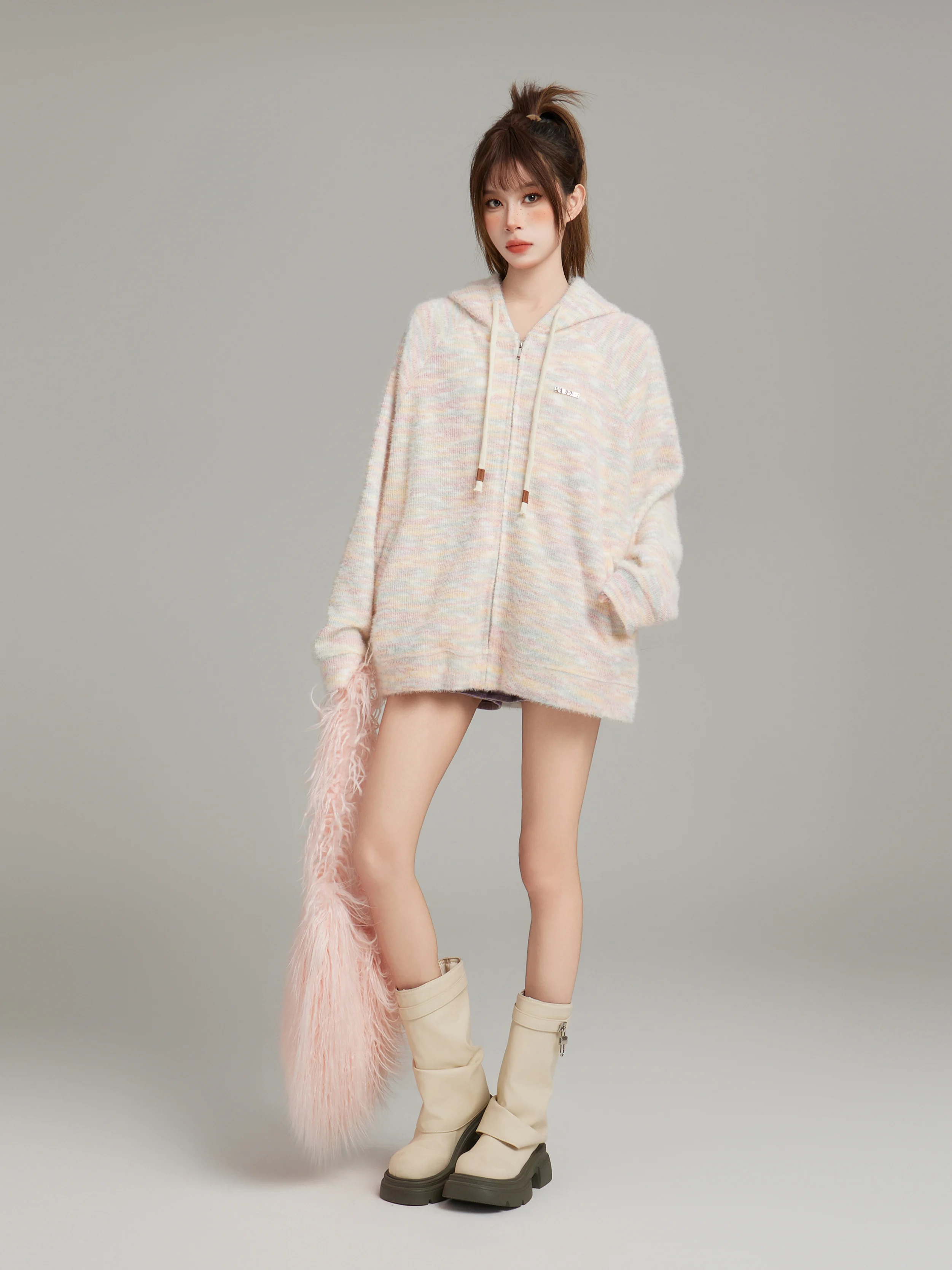 Pink Hood Zip-up Sweater Women Autumn and Winter Loose Idle Sle Outerwear Knit cardigan Hoodie 2024 New