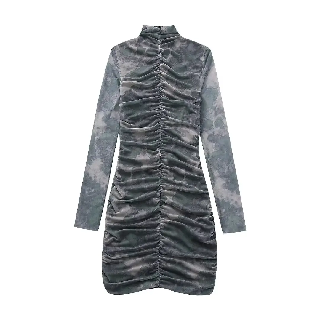 

Женское модное шикарное шелковое ретро платье с длинным рукавом и принтом, плиссированное платье на молнии, облегающее платье, 2023