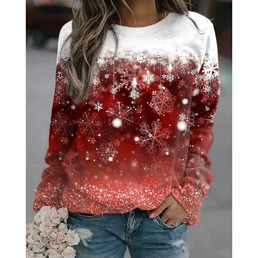 Купи Christmas Women O Neck Ombre Snowflake Print Long Sleeve Tee Top Casual 2022 T Shirt For Women Vacation Festival Streetwear за 757 рублей в магазине AliExpress