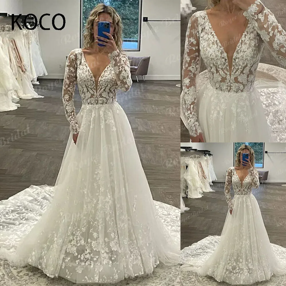 

MACDOUGAL Boho Long Sleeve Wedding Dresses V Neck Lace Appliques Sweep Train Bridal Gowns vestido de noiva robe de mariée Custom