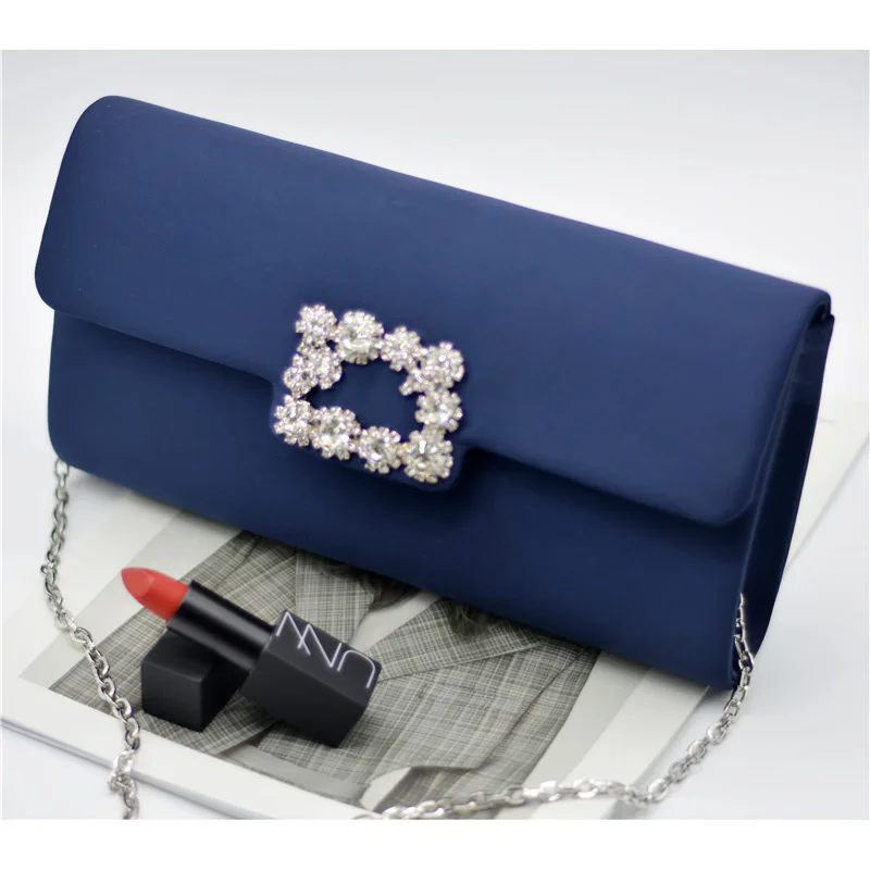 

Luxury Design Women New Silk Clutch Simple Square Buckle Diamond Wedding Evening Bag Ladies Party Nightclub Chain Crossbody Purs