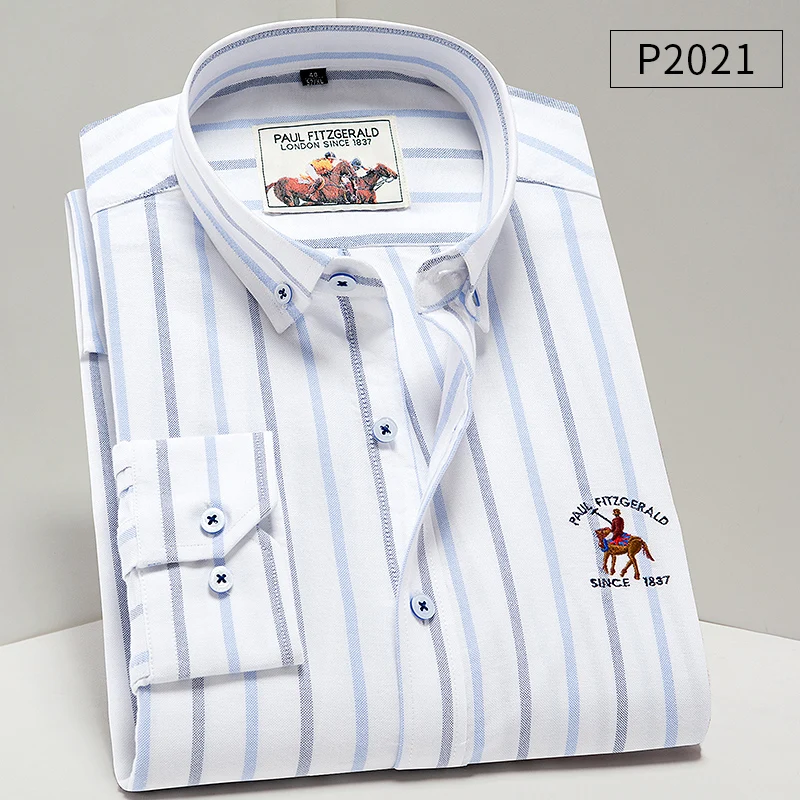 2020 New Shirts 100% Cotton Striped Oxford Long Sleeve Solid Plaid Fashion Slim Fit Men's Casual Shirts Office Shirts