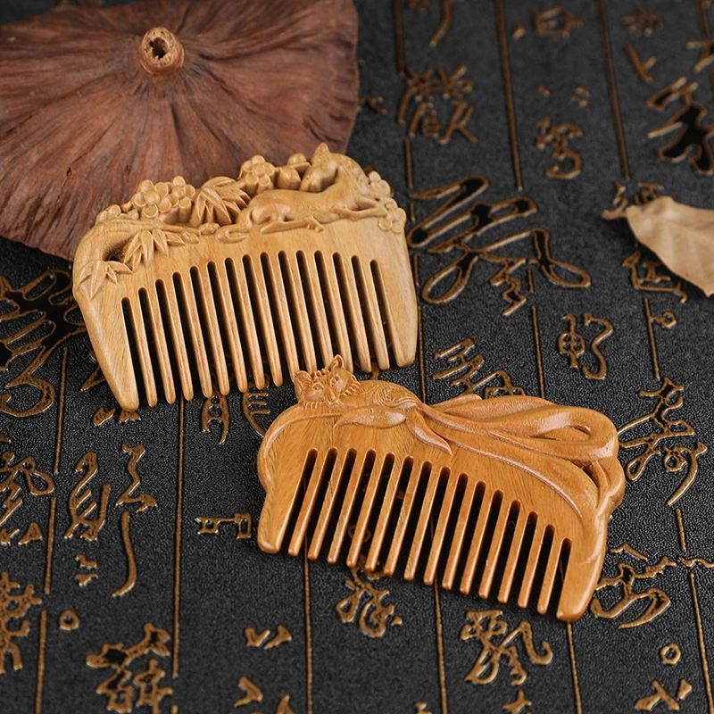 

Natural Peach Wooden Comb Handmade Decorative Carved Pattern Hollow Out Handmade Wooden Portable Girl Gift Massage Hair Combs
