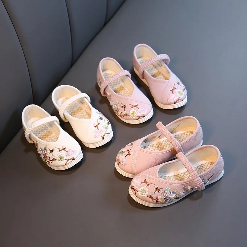 

Балетки детские с цветочной вышивкой, парусиновые туфли на плоской подошве в китайском стиле для девочек, женские танцевальные туфли в этническом стиле