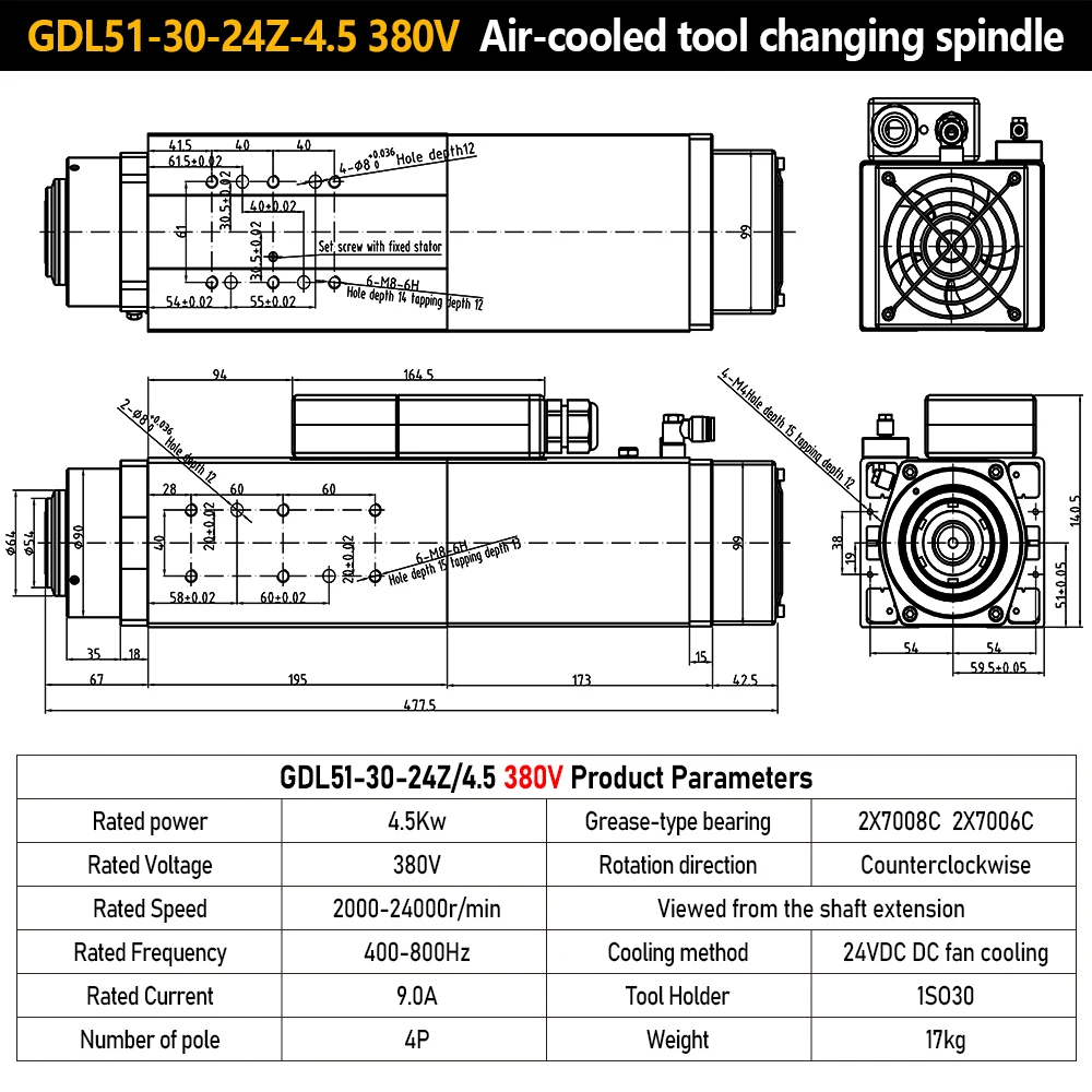 Фото Шпиндельный двигатель HQD 4.5 кВт ATC CNC для дерева, алюминия, мягких металлов, ISO30 HSK63F, 24000 об/мин + VFD 5.5 кВт, AC 340-440В, 200-240В, 1.85 Нм №5