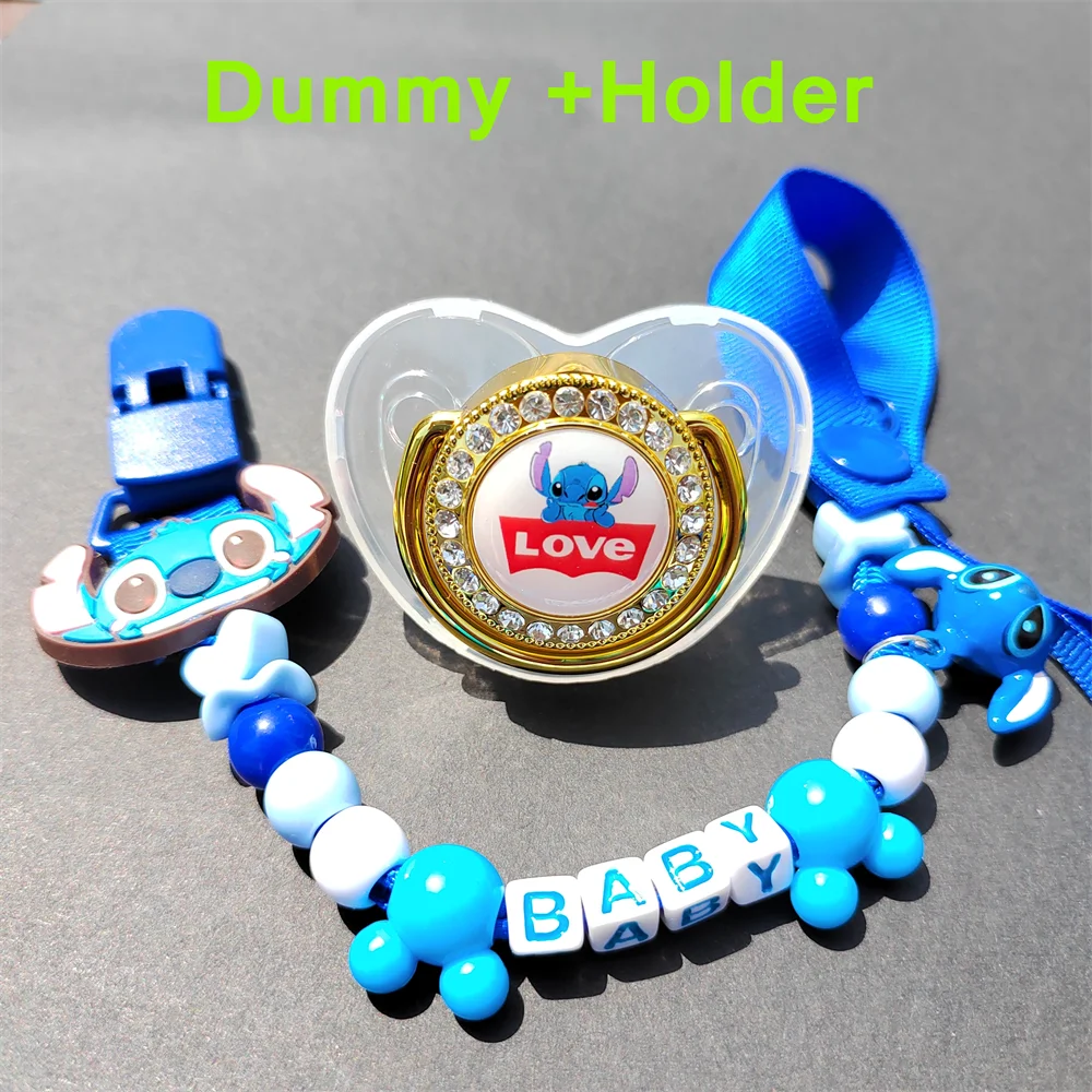 

Stitch Anime Green Pink Blue Transparent Bling Sparkly Baby Pacifier & Beads Bell Dummy Chain Newborn Baby Items attache tetine