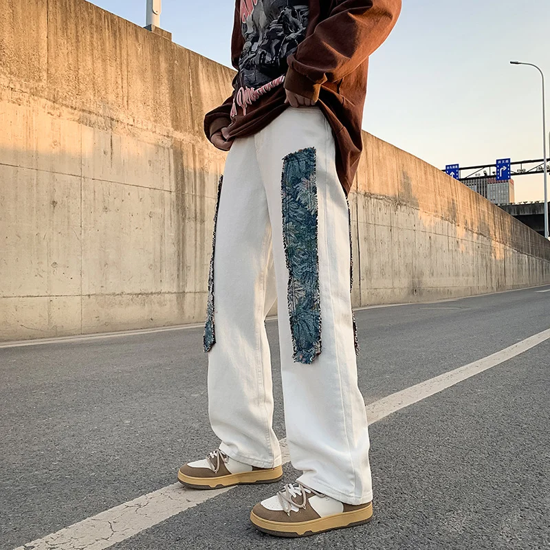 DEEPTOWN Patchwork Straight Jeans Men Streetwear Loose Denim Pants Casual Hip Hop Black Trousers Male Classic Fashion Spring