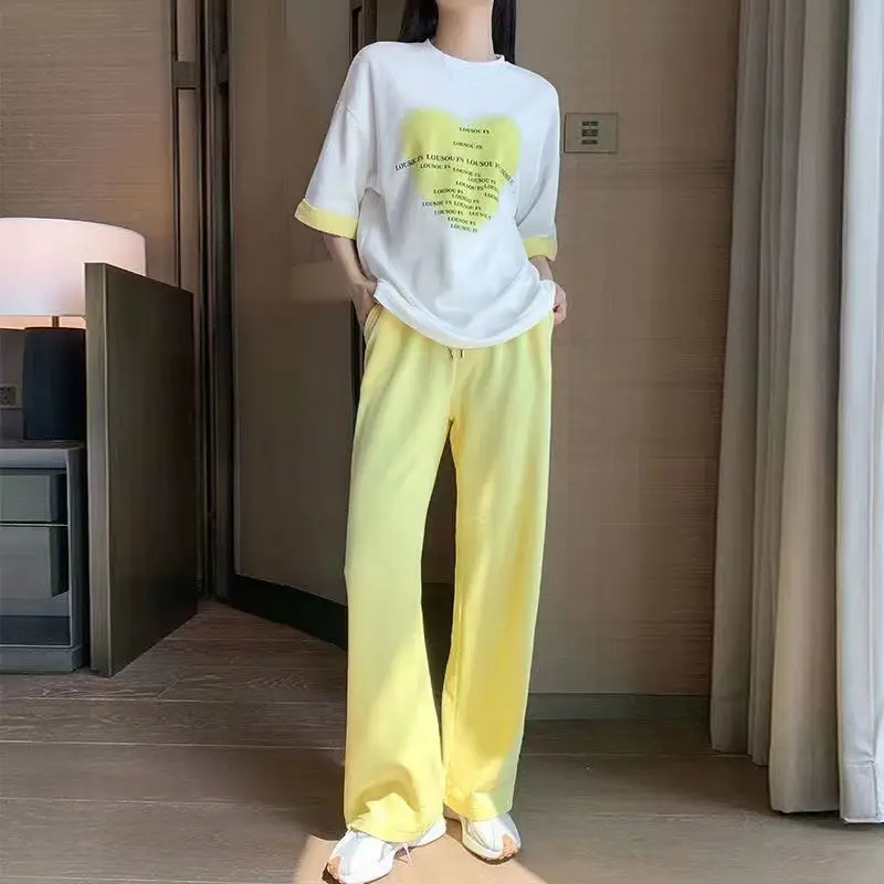 Summer New Suit High Waist Casual Ice Silk Wide-Leg Pants Women's Loose All-Match Short-Sleeved T-shirt Sports Two-Piece Set