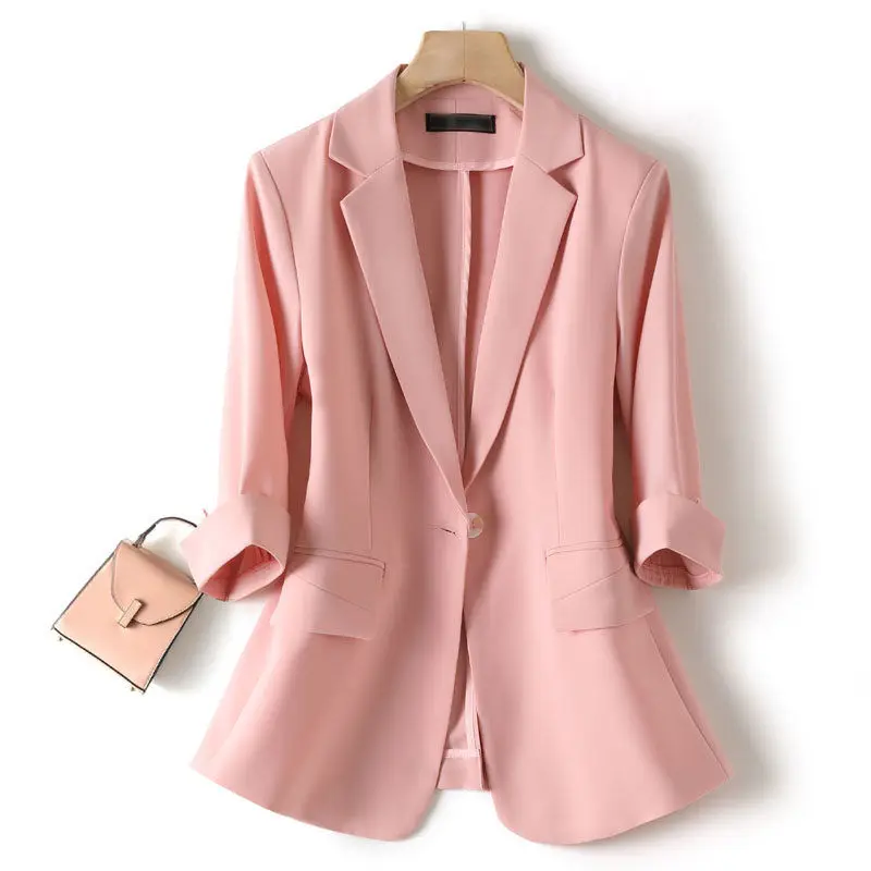 2023 New Thin Blazer Women Spring Summer Fashion Slim Short Coats Ladies Suit Three Quarter Sleeve One Buckle Blousers Outerwear