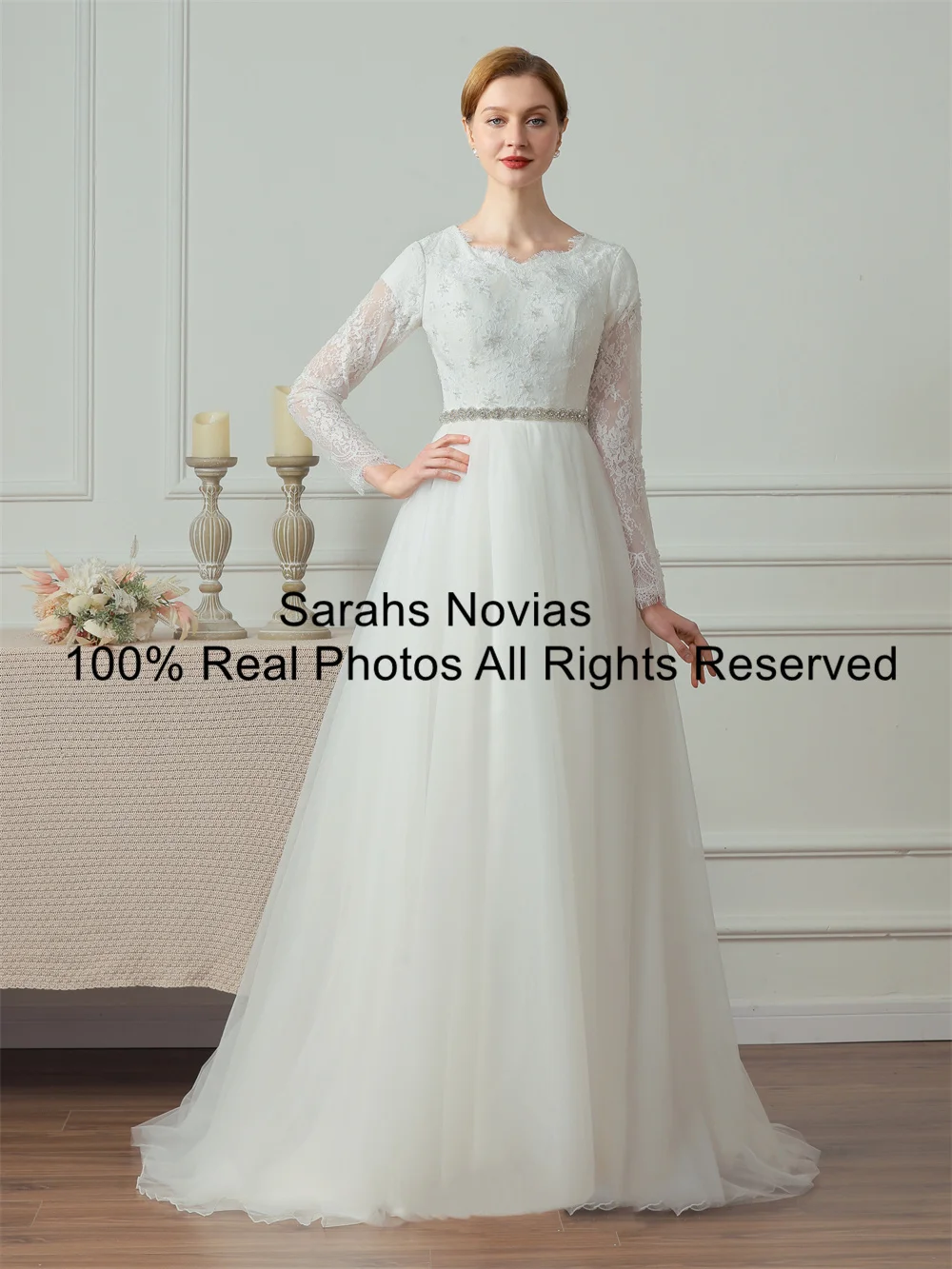 Скромные свадебные платья из кружева и тюля с длинными рукавами бисером