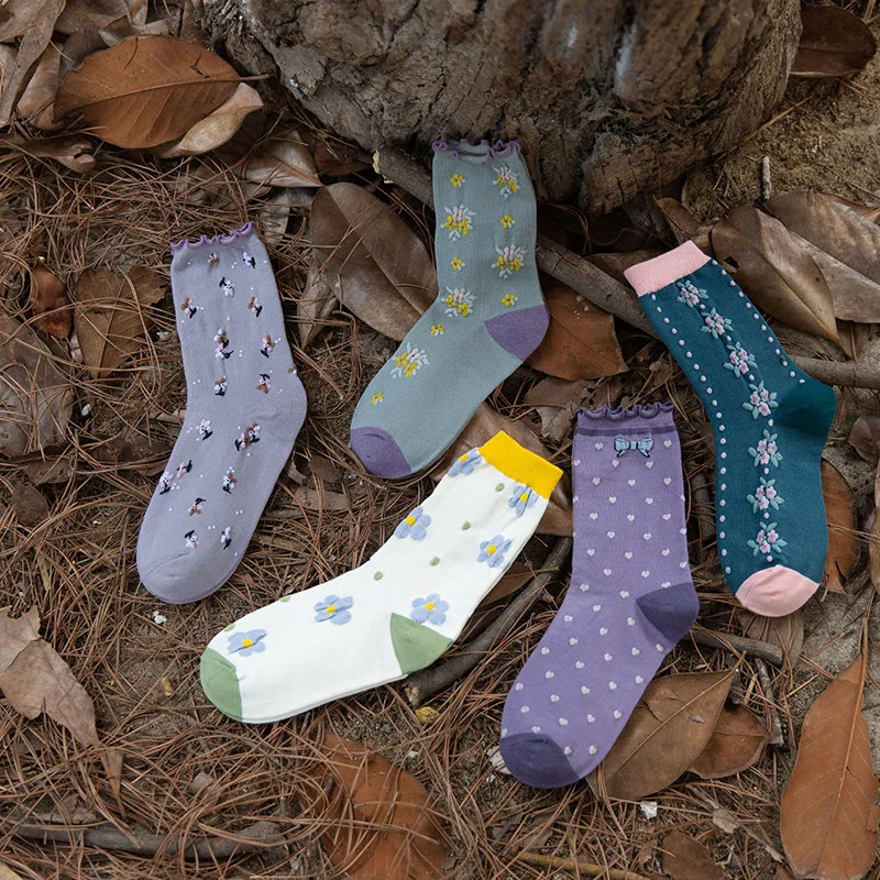 

Spring Printing Socks Women's Mid-tube New Cotton Flower Pattern College Style Cute Campus Small Fresh High-top Breathable Socks