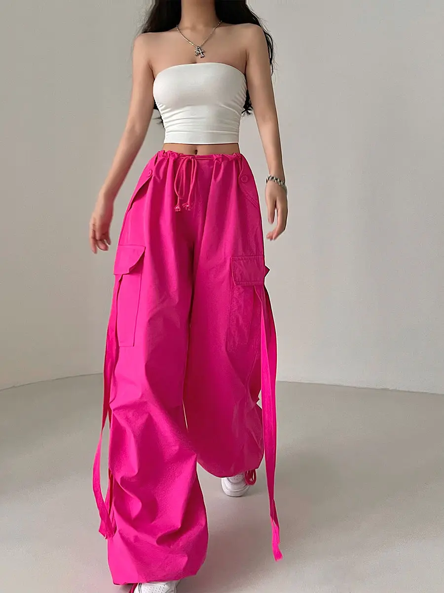 

Комбинезон оверсайз, Новинка лета 2023, спортивные брюки с лентой и низкой посадкой, шикарные розовые колготки, повседневные уличные брюки для женщин