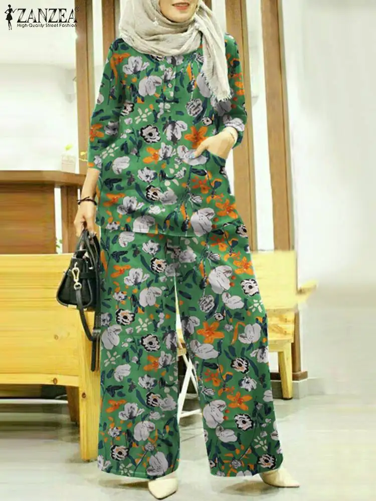

ZANZEA Muslim Suit 2PCS Women Spring Floral Printed Button Long Sleeve O-Neck Blouse Wide Leg Pant Vintage Abaya Kaftan Set