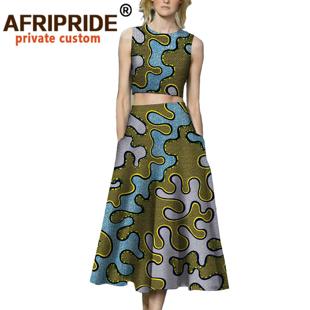 

Комплект из 2 предметов в африканском стиле для женщин, топы и юбки с принтом Анкары, тренировочный костюм с принтом, наряды с карманами, одеж...