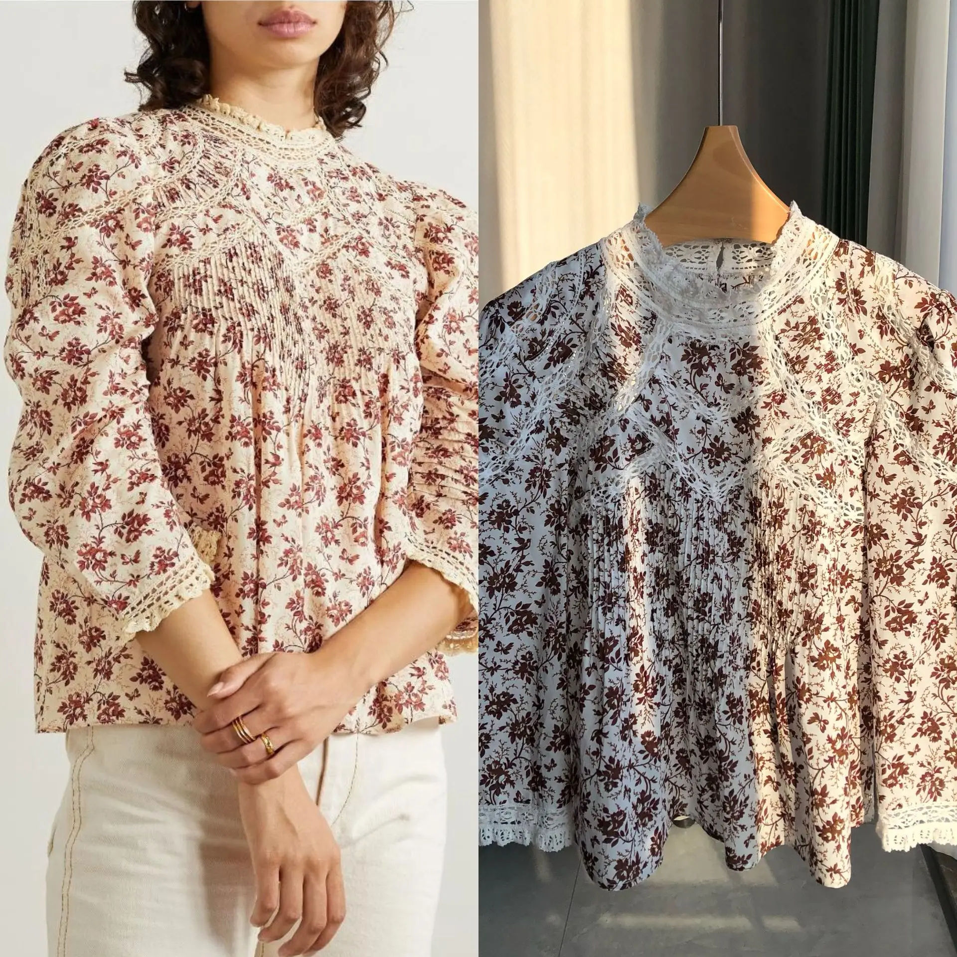 

Women Blouse Pleated Floral Print Lace Stitching Three Quarter Sleeve Shirt Cotton Prairie Chic Spring Summer 2023