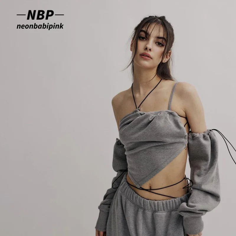 

Асимметричный кроп-топ NEONBABIPINK с кулиской и вырезами, уличная одежда Y2k с рукавами для рук, женские модные сексуальные майки, блузка