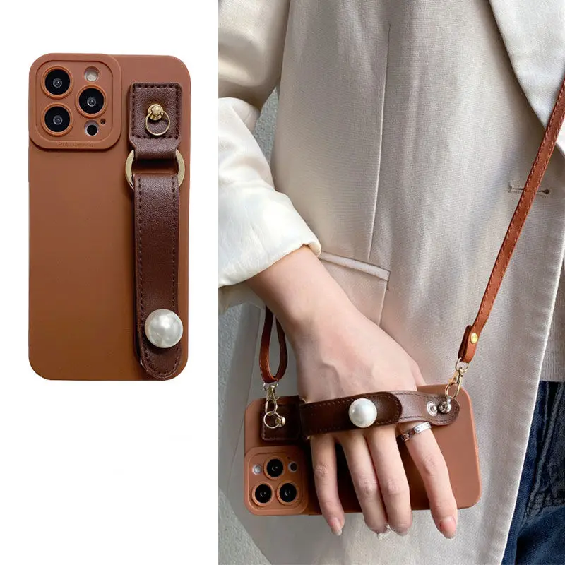 

Brown Simple Korean Pearl Wristband, Crossbody Rope Mobile Phone Soft Case Premium Suitable For Iphone 14/13/12/11por Max