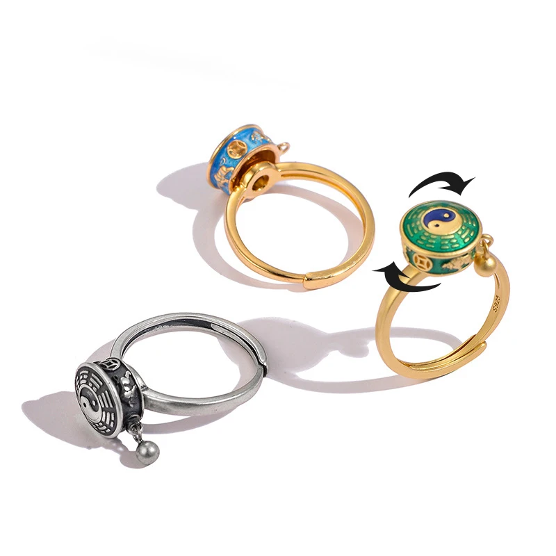 

2022 Dropshipping Tibetan Buddhist Ring Buddhism Carved Prayer Wheel Adjustable Jewelry Good Luck Rotating Open Ring Women Girl