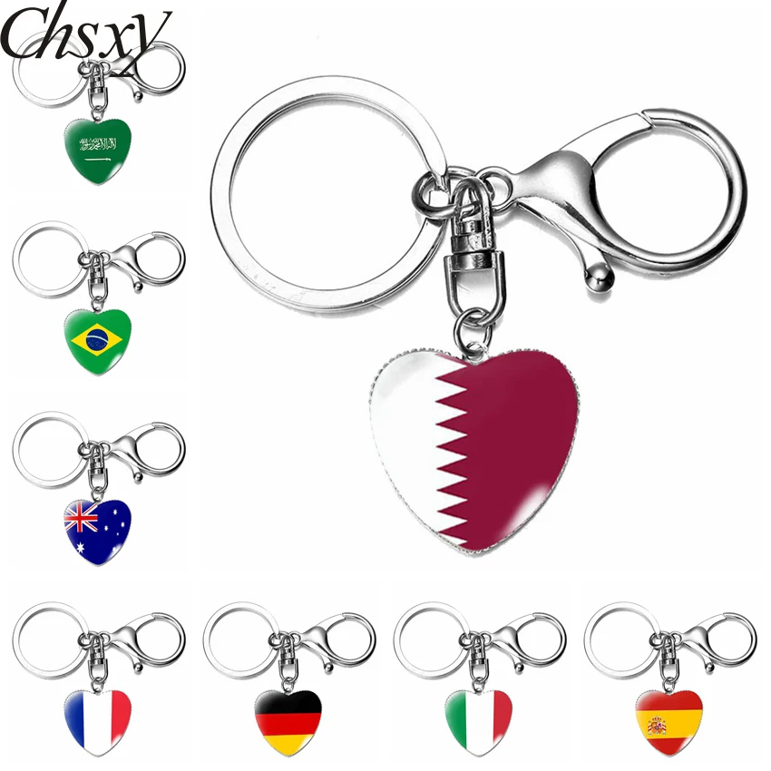 

Football Flag Glass Double Heart Pendant Keychains Car Keyring Brazil France Spain USA Mexico Flags Key Chain Jewelry Fans Gifts