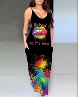 summer dresses woman 2022 casual multicolor lip letter print graphic pocket design sleeveless straight maxi dress