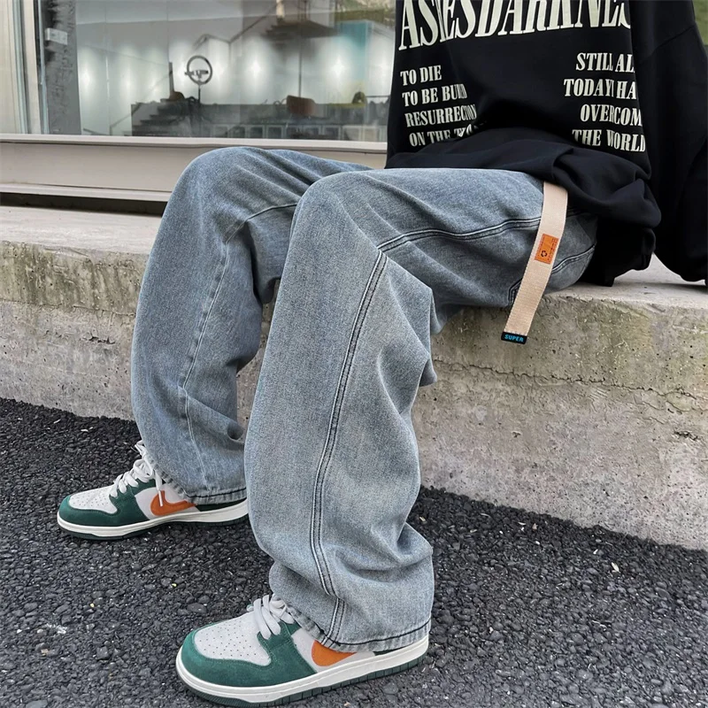 Classic Solid Wide Leg Jeans Mens Korean Fashion Trends Vintage Streetwear Bottoms Teens Baggy Straight Denim Pants Male Clothes