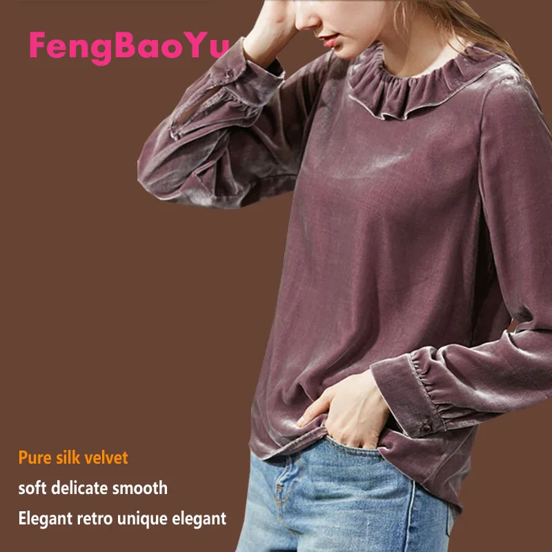 Fengbaoyu Silk Velvet Spring Autumn Ladies Lotus Leaf Collar Shirt Vintage Long Sleeves Dark Green Blouse Size 4XL 5XL Clothes
