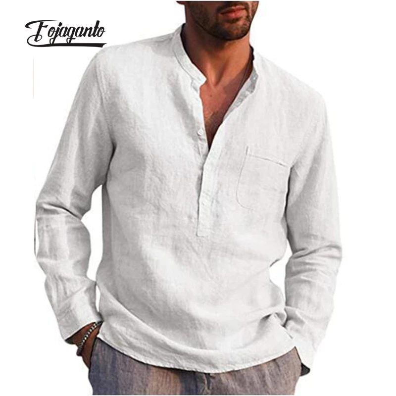 

FOJAGANTO Spring and Summer Men's Long-Sleeved T-Shirt Fashion Solid Color Casual V-Neck T-Shirt Linen Loose Button T-Shirt Men
