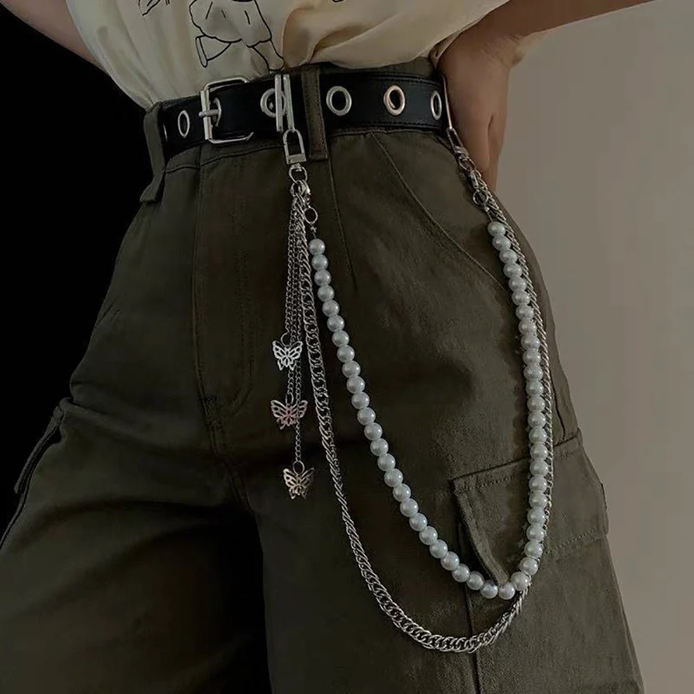 

Simple Personality Punk Hip Hop Metal Student Jewelry Gift Butterfly Belt Chain Jeans Chain Pearl Waist Chain