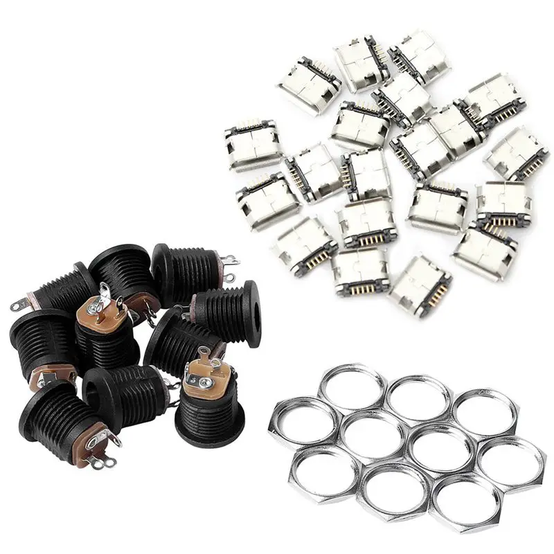 

10 Pcs Panel Mount 2.1X5.5Mm Dc Socket & 60Pcs Micro-Usb Type B Female 5 Pin Smt Placement Smd Dip Socket Connector