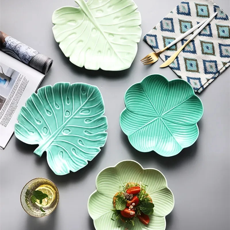 

Large Dinner Plates Creative Leaf Shape Salad Plates Multipurpose Ceramic Plate Snack Dish Sauce Kitchen Dishes Sushi Cake Tray