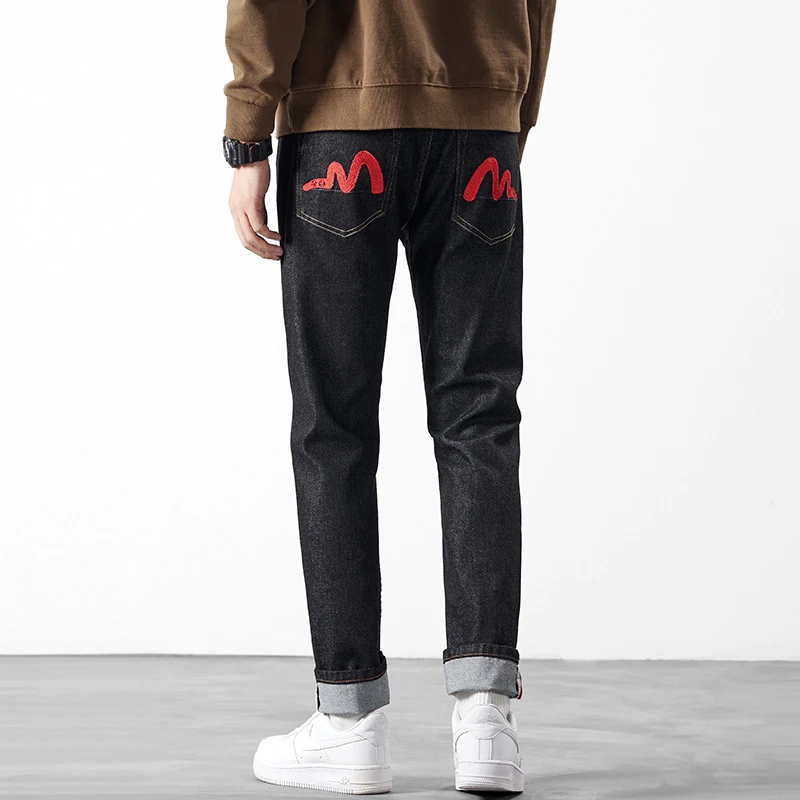 EH·MD® Golden Wave Embroidery Jeans Men's Four Season Reflective High Quality Black High Street Fashion Zipper Slim New Red Ear