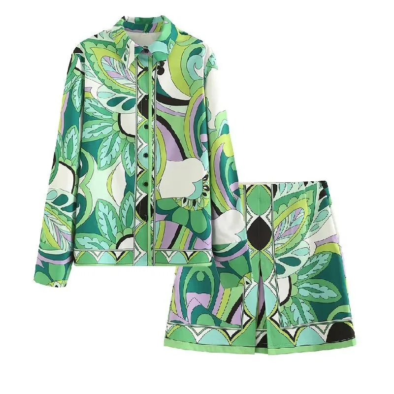 

Women's Two-Piece 2023 New Casual Retro Printing Loose Long-Sleeved Shirt High Waist Package Hip Skirt Short Skirt Suit