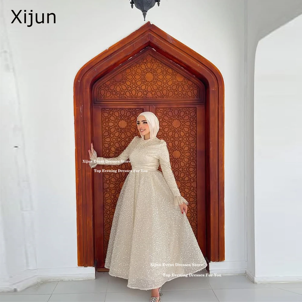 Xijun Блестящие скромные вечерние платья трапециевидной формы с блестками и