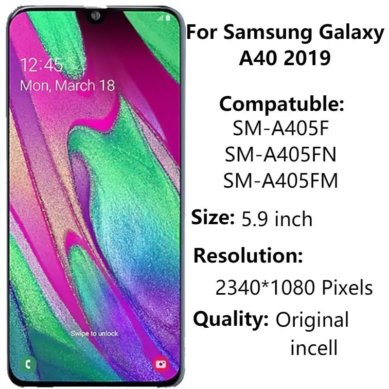 

Оригинальный ЖК-дисплей 5,9 дюйма для Samsung Galaxy A40 2019 с рамкой A405 A405F A405FN/DS A405F/DS, сенсорный экран с цифровым преобразователем в сборке