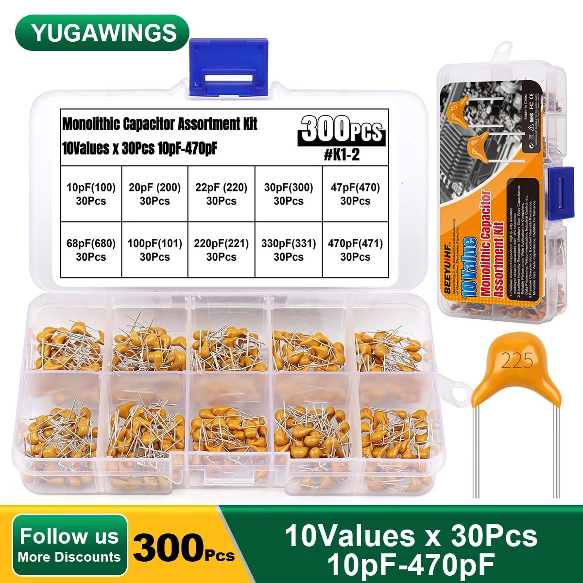 

300 шт. Yugawings монолитная керамическая фотолампа 10pF 20pF 22pF 30pF 47pF 68pF 100pF 220pF 330pF 470pF