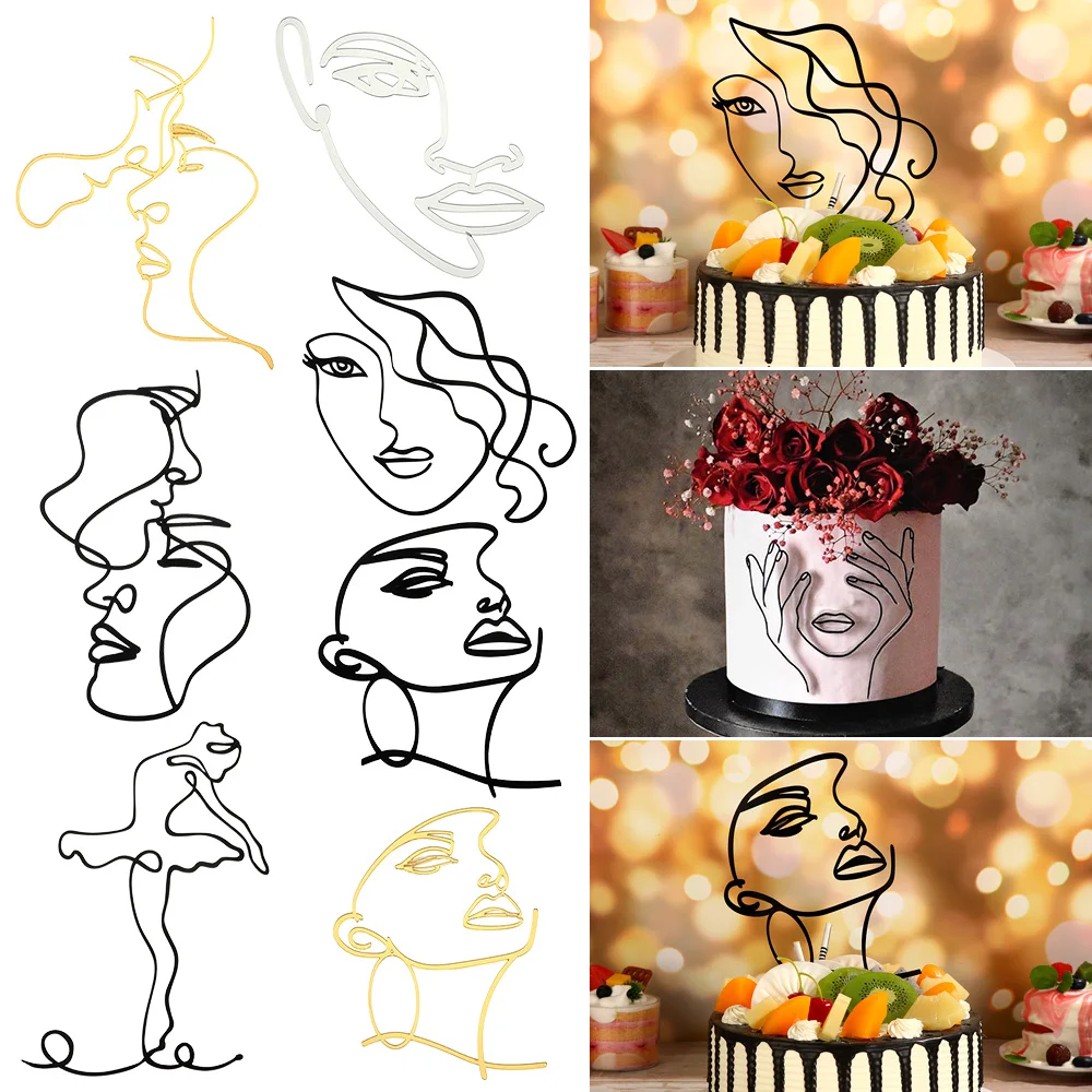 

Abstract Lady Face Cake Topper Minimalist Lines Cakes Decoration Artistic Girl Cake Decor Party Wedding Supply Gold Silver Black