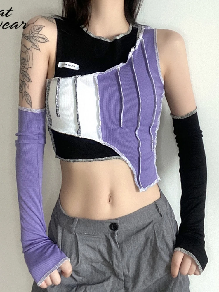 

Женский укороченный топ Y2k в Корейском стиле, модная повседневная шикарная толстовка с вязаными рукавами, уличная одежда в стиле Харадзюку, ...