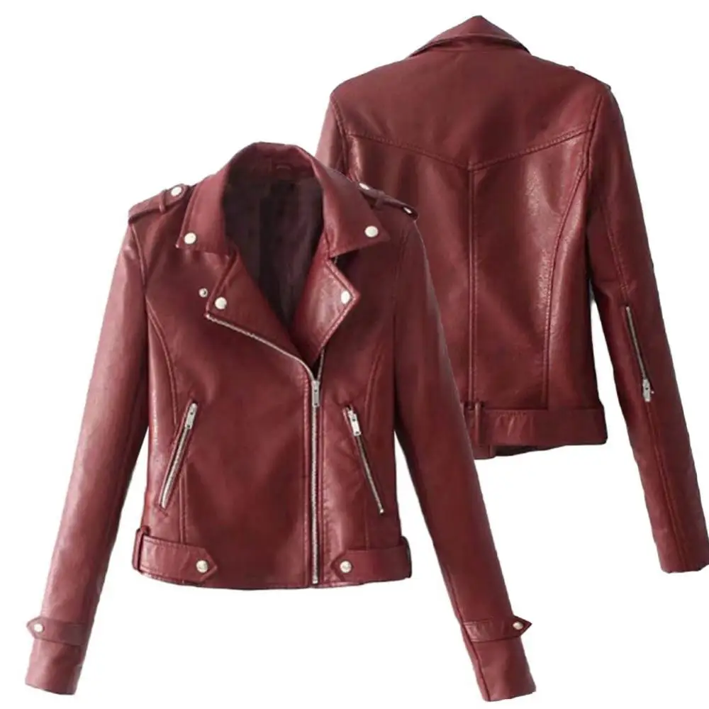 

Solid Color Lapel Coat Jacket Women Long Sleeve Faux Leather Motorcycle Zip Up Coat