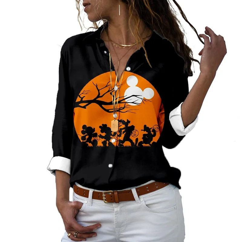 

Disney Halloween Mickey Mouse Print Vintage Shirt Women's Fashion Fall Top Women's 2022 Long Sleeve Casual Button Down Shirt