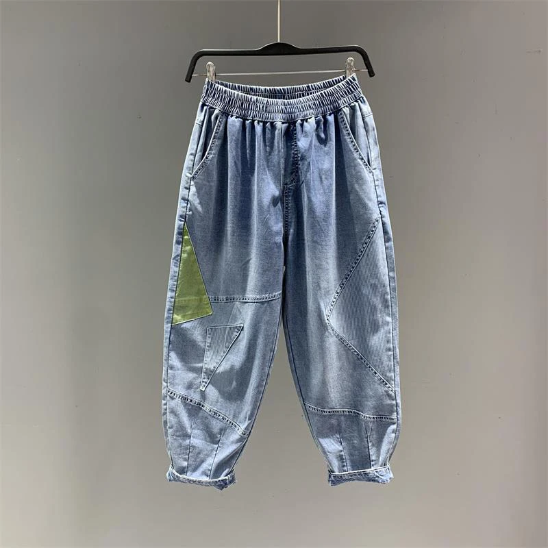 

2022 Spring Summer New Arts Style Women Elastic Waist Cotton Denim Harem Pants Vintage Blue Patchwork Loose Jeans C178