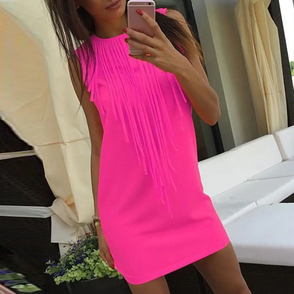 

Trendy Summer Dress Crew Neck Elastic Mini Dress Summer Sleeveless Tassel Bodycon Dress