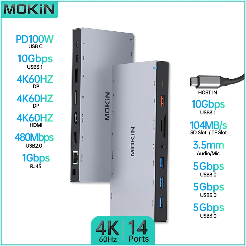

Док-станция MOKiN 14 в 1 для MacBook Air/Pro, iPad, ноутбука Thunderbolt — USB3.1, DP 4K60 Гц, PD 100 Вт, SD, RJ45 1 Гбит/с, аудио