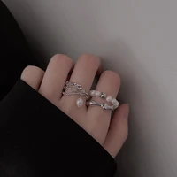 simple retro fashion pearl chain tassel irregular metal ring womens light luxury adjustable stainless steel ring