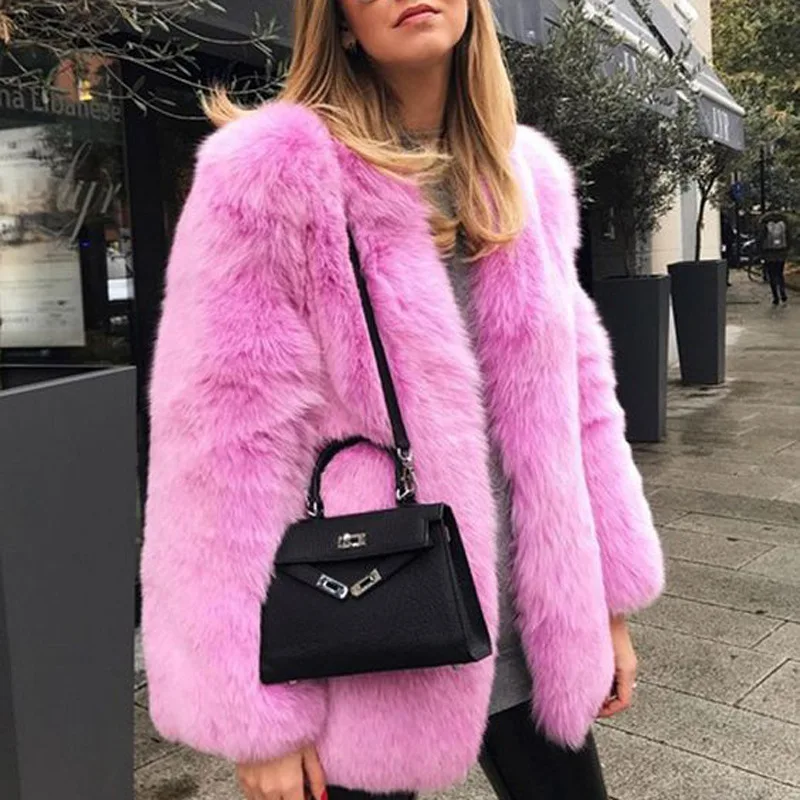 Winter Warm Faux Fur Coat Women White Pink Luxury Elegant Fluffy Fake Rabbit Fur Jackets Outfits Fashion Plush Coat Streetwear