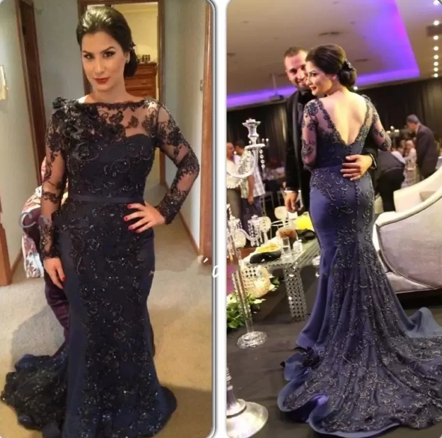 

Dark Navy Long Sleeves Evening Dresses Sexy V-Back Lace Appliques Beaded Trumpet Formal Party Gowns Elegant Mother Prom Dress