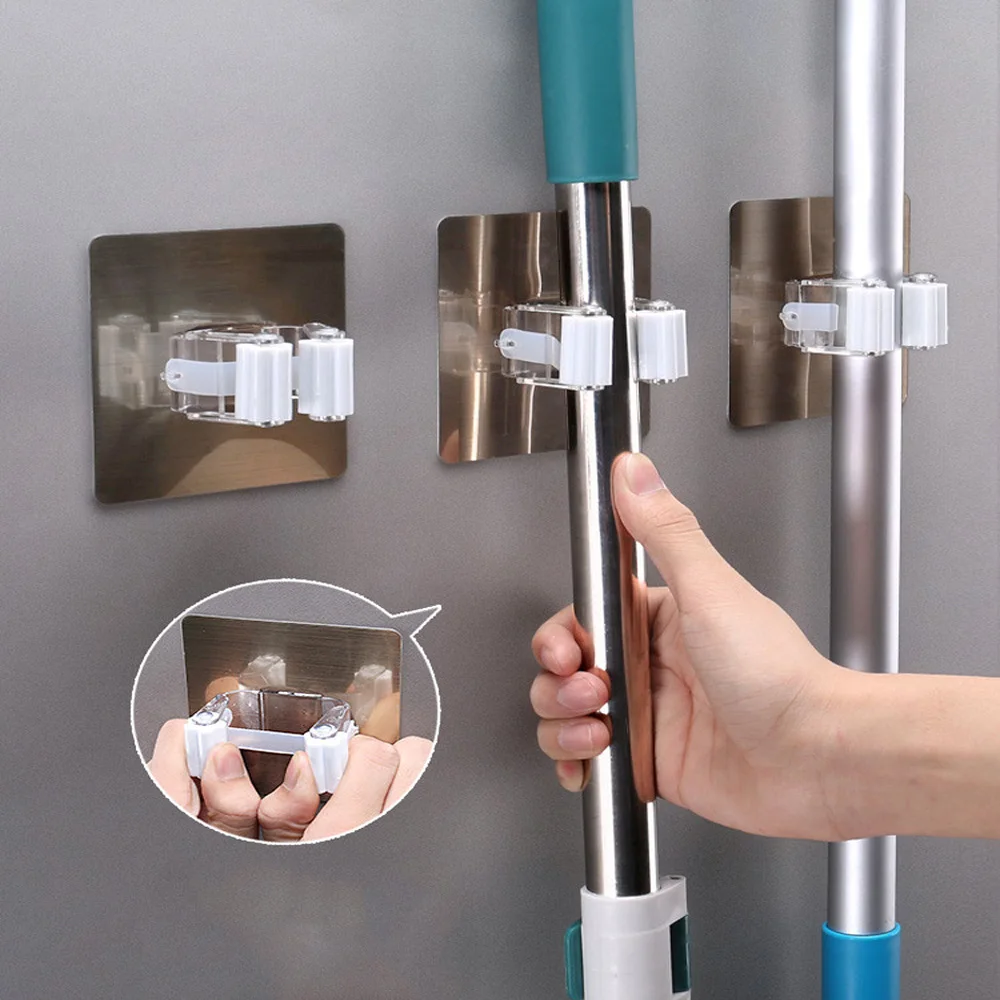 

Wall Mounted Mops Holder Multi-Purpose Hooks Self Adhesive Broom Hanger Hook Kitchen Bathroom Organizer Wall Hooks