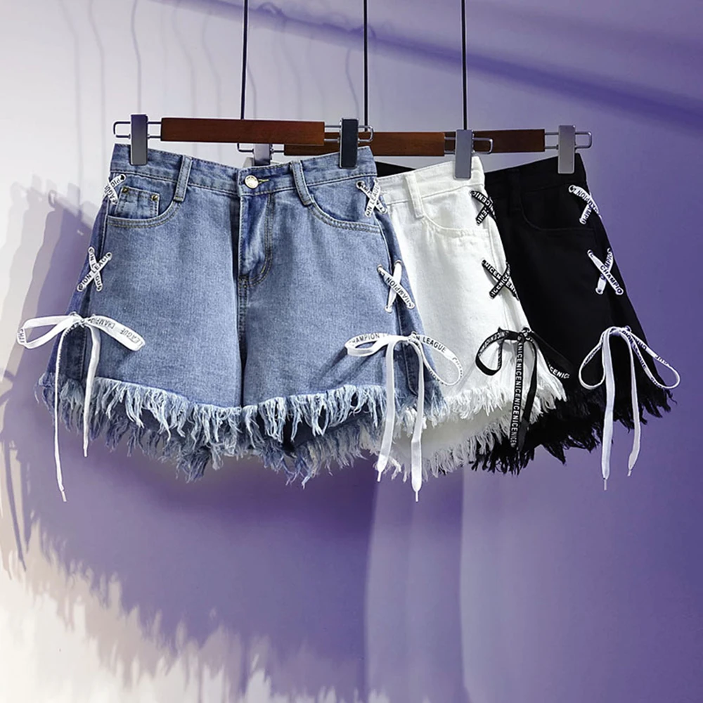 

S-5XL Women Denim Shorts Fashion Lace up Tassel High waist Jeans Shorts Summer Loose Wide leg Short Pants Jeans Female