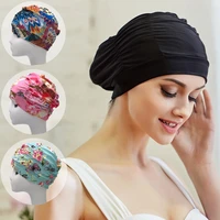 1pc high elastic swimming cap men women free size solid flowers printed long hair sports swim pool hat nylon turban